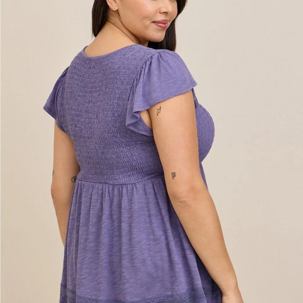 Torrid - Size 2 - Babydoll Crew Neck Smocked Bodice Lace Inset Top - Picture 3 of 4